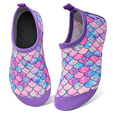 Imagem de Sapatos infantis para natação aquáticos, meias aquáticas, sapatos aquáticos de secagem rápida, antiderrapantes, bebês meninos e meninas, B - escama de peixe, roxo, 8-8.5 Toddler