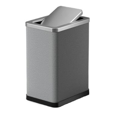 Imagem de Lixeira luxuosa de aço inoxidável com camada externa de couro PU, lixeira fina de 10/15 litros com tampa giratória de 360° para banheiro, quarto, cesto de lixo de escritório (cinza, 15L)