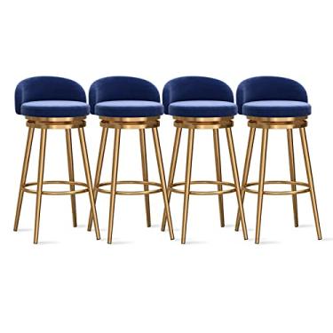 Imagem de Banquetas de balcão conjunto de 4 - banquetas de veludo estofadas com perna de metal dourado, cadeiras de bar de ilha de cozinha modernas cadeiras de jantar com encosto baixo, 64 cm A, azul
