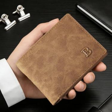 Imagem de Carteira masculina fina dobrável de couro sintético marrom com compartimentos para dinheiro e cartões, carteira fina e clássica de presente para ele, Café, Minimalista