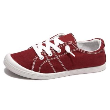 Imagem de Tênis feminino sem cadarço, confortável de lona com cano baixo, sapatos modernos casuais para mulheres caminhando com sola de borracha antiderrapante, Borgonha, 41