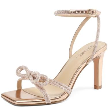 Imagem de SLXCHBSL Sandálias femininas de dedo quadrado com strass ajustáveis no tornozelo e dois laços, salto alto de 7,6 cm, festa de casamento, formatura, sapatos confortáveis brilhantes para mulheres