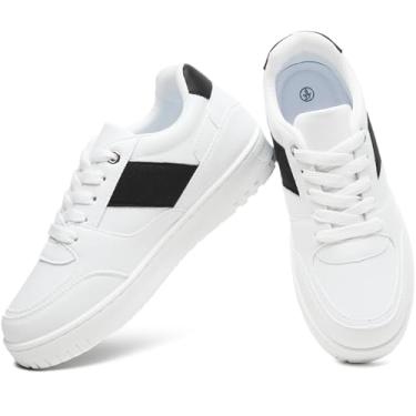 Imagem de Eydram Tênis feminino branco de couro sintético com cadarço plataforma para mulheres, tênis casuais de cano baixo, Branco e preto, 37