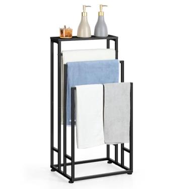 Imagem de Toalheiro independente para banheiro, suporte de toalha de chão de metal de 3 camadas, cobertor industrial, suporte de escada com prateleira de armazenamento para quarto, sala de estar, preto
