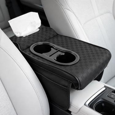 Imagem de HSDJLXZ Almofada de apoio de braço de carro, capa de console central 4 em 1 com dois suportes de copo, compartimento para caixa de lenços e sacos de armazenamento lateral, almofada de apoio de braço