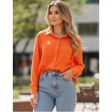 Imagem de Camisas Femininas Com Bolsos Manga Longa Linho Premium Gola Colarinho 