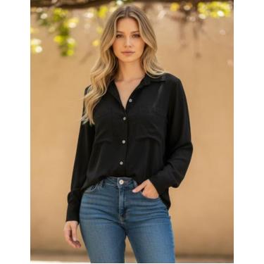 Imagem de Camisas Femininas Com Bolsos Manga Longa Linho Premium Gola Colarinho 