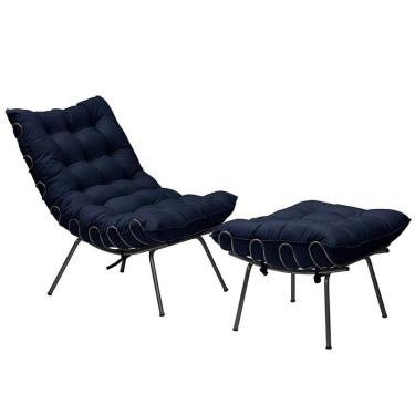 Imagem de Conjunto decorativo Poltrona e Puff Abel Base de Ferro Preto Veludo Azul