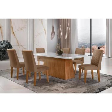 Imagem de Sala De Jantar Completa Luna C- Tampo Vidro Canto Curvo 180x90cm E 6 Cadeiras Londrina Imbuia-off White - Suede Capuccino - Rufato