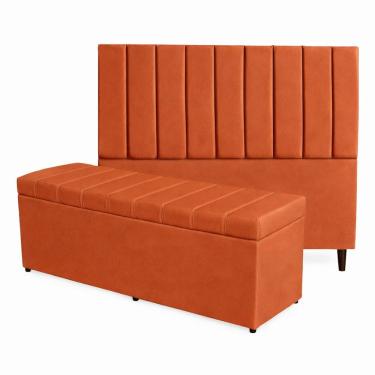Imagem de Kit De Quarto Roma Cabeceira De Cama Box E Calçadeira Baú Casal 140 Cm Suede Terra Cota Eli Móveis E Decoração
