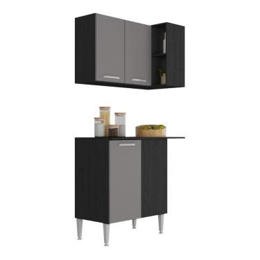 Imagem de Kit Armário De Cozinha Aéreo Canto Com Balcão 90cm 3 Portas Pequim Multimóveis Mp2381 Preto/lacca Fumê