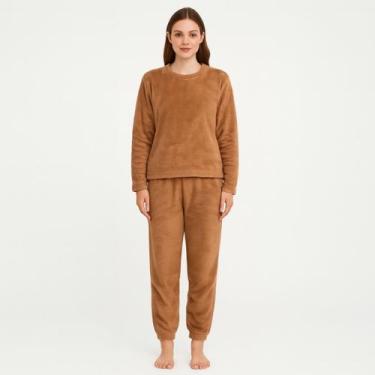 Imagem de Pijama feminino manga longa quentinho fofinho pelúcia Marrom - Marca, 