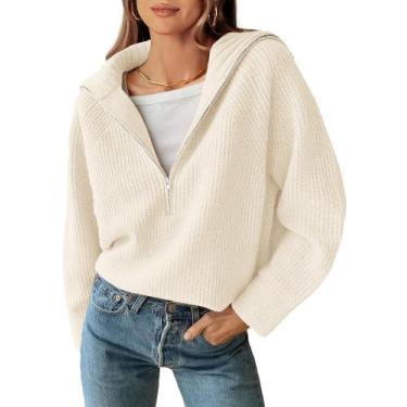Imagem de Suéter feminino BTFBM sólido com decote em V, meio zíper, branco, GG