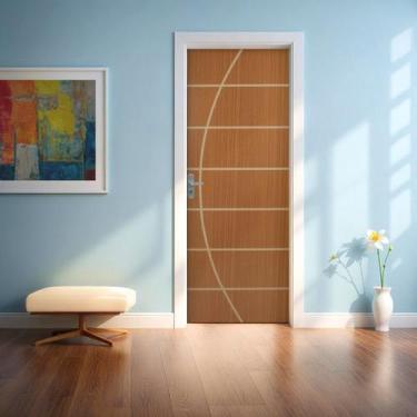 Imagem de Kit Porta de Madeira Decorada 215x85cm com Batente de Aço 06cm Neblina