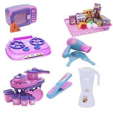 Imagem de Menina Cozinha Infantil Eletro Panelas Mercado Chapinha 29pç