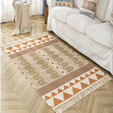 Imagem de Tapete de área de algodão boêmio com franja tecida tapete de porta geométrico com borla lavável à máquina tapete de chão para varanda cozinha sala de estar