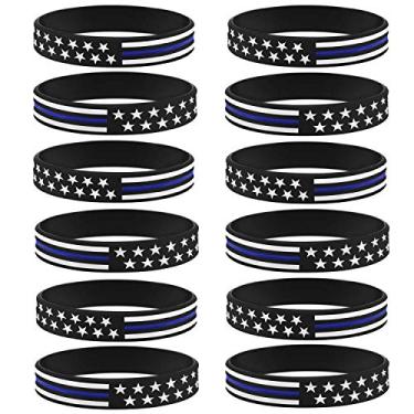 Imagem de Conjunto de 12 pulseiras de bandeira americana Sainstone com linha azul fina da polícia - Pulseiras de borracha de silicone Blue Lives Matter - Conjunto de pulseiras de apoio à lei para presentes de oração de policiais, 12-pack
