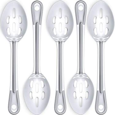 Imagem de Colher de servir super forte, ergonômica de 28 cm, pacote com 5 colheres de aço inoxidável grandes e com fendas para cozinhar, assar e regar os melhores talheres de cozinha para buffet e serviço de banquete em restaurantes e casas