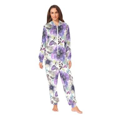 Imagem de CHIFIGNO Pijamas Divertidos para Adultos Pijamas de Natal Macacão Masculino e Feminino Onesie, Aquarela de flores violeta, P