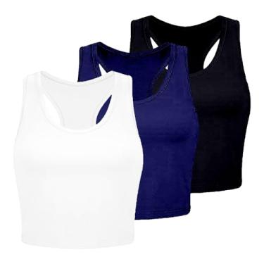 Imagem de 3 peças regatas femininas de algodão básicas costas nadador sem mangas esportivas para treino, Tops de verão azul-celeste, G