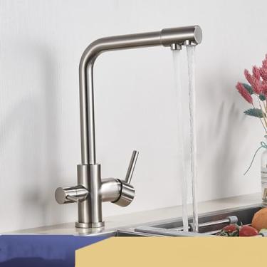 Imagem de Filtro torneira da cozinha cromo beber água pura torneira da cozinha deck montado alças duplas 3 maneiras misturador de água quente e fria, níquel escovado, 1