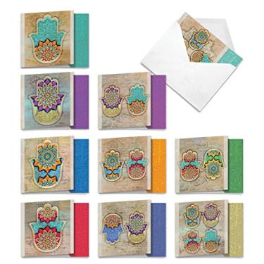 Imagem de 10 cartões em branco "Hamsa" em caixa e sortidos (10 cm x 13 cm) com envelopes - com imagens de estilo árabe da Mão de Deus - Caixa sortida de cartões de notas para todas as ocasiões para ele ou ela MQ5204OCB-B1x10