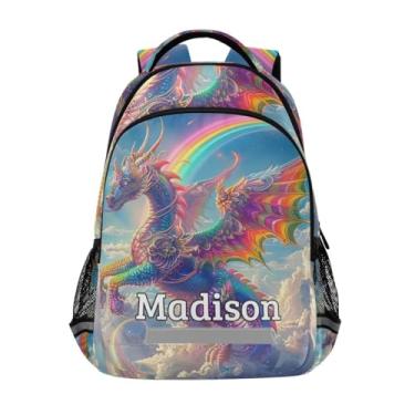 Imagem de CHIFIGNO Mochila personalizada com nome, mochilas infantis personalizadas para meninas e meninos, mochila escolar infantil personalizada, Dragão arco-íris, Medium