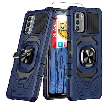 Imagem de TJS Capa compatível com Nokia G100 (N150DL)/Nokia C300 (N155DL), com protetor de tela de vidro temperado, anel de metal, suporte magnético, suporte, capa de telefone de proteção resistente (azul)