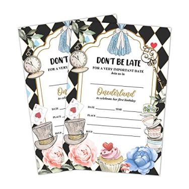 Imagem de LWBEO Cartões de convite de 1º aniversário, convites de festa Onederland, suprimentos de decoração de festa de feliz aniversário infantil, 20 cartões de preenchimento com envelopes para celebração de