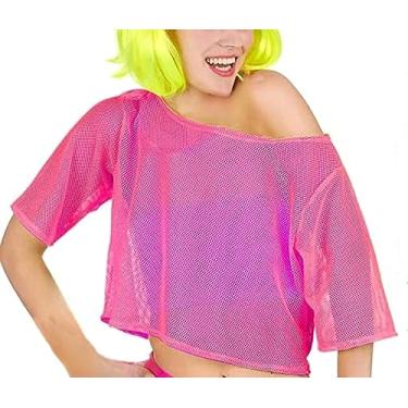 Imagem de LuckyMoon Camiseta feminina arrastão de malha dos anos 80 com ombros de fora, estilo arrastão neon, vestido extravagante, discoteca, retrô, fantasia, Rosa neon, M