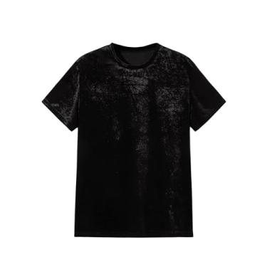 Imagem de OYOANGLE Camiseta masculina de veludo gola redonda manga curta lisa streetwear festa, Preto, P