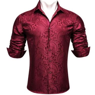 Imagem de Barry.Wang Camisas Paisley para homens camisa muscular de seda botão manga comprida tops regulares moda flor casamento/formal, Paisley vermelho vinho, 3G