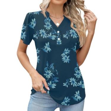 Imagem de Micoson Camisetas femininas de botão, manga curta, gola V, túnica para usar com leggings, Azul marinho grande floral, G