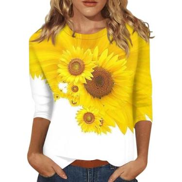 Imagem de Camisetas femininas casuais de verão 2024 com manga 3/4 de comprimento e gola redonda com estampa floral, Ofertas relâmpago branco, GG