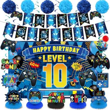Imagem de Decorações de banner de aniversário de videogame centros de mesa em forma de favo de mel redemoinhos para meninos brinde a aniversário suprimentos de cabine de fotos (azul preto 10º aniversário)