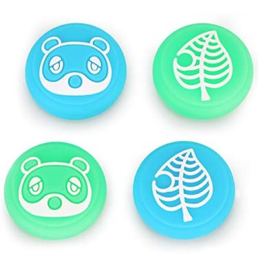 Imagem de Tscope Bonitos bonés de aperto de polegar para controle Nintendo Switch/Lite/OLED, para Animal Crossing Kawaii Leaf Joystick analógico macio silicone botão capas para NS Joy Cons (Leaf Raccoon)