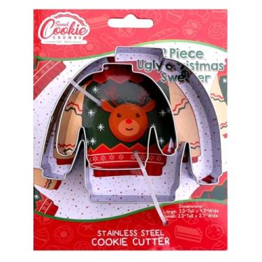 Imagem de Suéter Ugly Christmas, conjunto de cortadores de biscoito Sweet Cookie Crumbs, 2 peças, 10,7 cm de largura, aço inoxidável, pode ser lavado na lava-louças