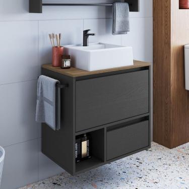 Imagem de Gabinete de Banheiro Suspenso 60cm com 1 Nicho 1 Toalheiro 1 Porta e 1 Gaveta com Cuba Mel/Grafite
