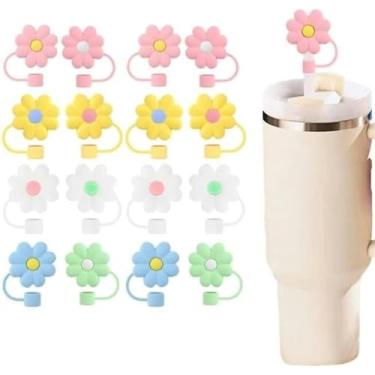 Imagem de Conquerall 16 peças bonito em forma de flor tampa de palha de silicone de grau alimentício projetada para uso com canudos de 10 mm Stanley 850 g e acessórios de caneca de palha de 1,13 l