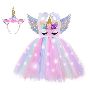 Imagem de Unicorn Dress Up Clothes for Little Girls Gifts for 4-6 Year Old LED Light Up Princess Costume Fairy Wings Kids Christmas Birthday Party Outfit Summer Dresses Pink 5t 6t
