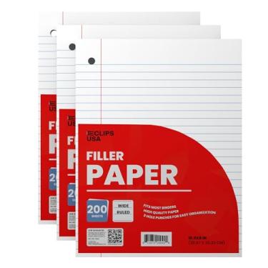 Imagem de Papel para caderno, papel de folha solta (pacote com 3), papel pautado largo, 26,7 cm x 20,32 cm, papel de enchimento, 200 folhas por pacote, 60 gsm (pacote com 3)