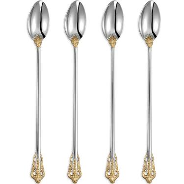 Imagem de KEAWELL Luxuoso Conjunto de Colher de Chá Gelado de 9" - 4 Peças - Design Lindo com Acabamento Polido Espelhado Excepcional - Aço Inoxidável 18/10 - Perfeito para Copos Altos, Coquetéis (Acento Dourad