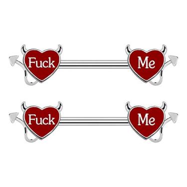 Imagem de CHARM ONLINE Cum Here Anel de mamilo 14G 316L aço cirúrgico barra de mamilo forma coração diabo piercing corporal joia para mulheres homens.., Aço inoxidável, aço, Sem pedras preciosas