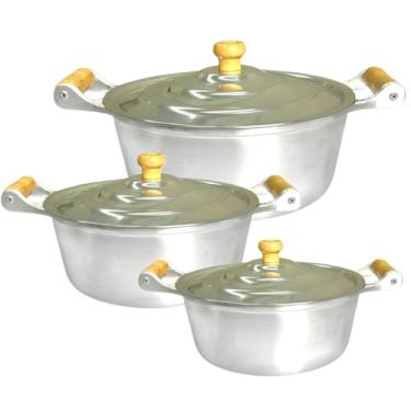 Imagem de Jogo de Panelas Caçarolas Alumínio Fundido Batido Alça de Madeira - Kit 26, 28 e 30 - Jalice Alumínios