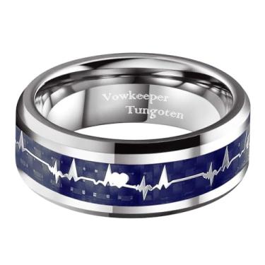 Imagem de Anel de casamento masculino de tungstênio preto de 8 mm, incrustado com design moderno de batimento cardíaco, ideal para casamento, noivado e compromisso, anel de presente unissex tamanho 7-13, Metal,