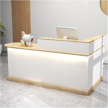 Imagem de Mesa de recepção moderna com luzes e gavetas trancáveis, balcão de caixa em L, mesa de recepção de computador de madeira, mesa de recepção pequena, para escritório de checkout/salão de beleza/saguão,