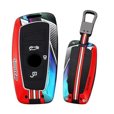Imagem de HIBEYO Capa de chaveiro de 3 botões compatível com BMW 1 3 4 5 6 7Series X3 X4 X5 X6 M5 M6 3GT 5GT Acessórios Metal Painted Sports Style Key Shell with Keychain-A Type 3 Button Red