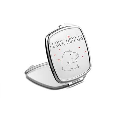 Imagem de SpreadPassion Espelho compacto hipopótamo, presente de hipopótamo, espelho fotográfico I Love Hippo, espelho de maquiagem de viagem pequeno espelho portátil, espelho de bolso portátil, ideia de