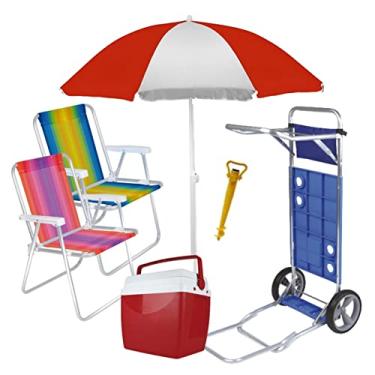 Imagem de Kit Praia Carrinho Com Avanço + 2 Cadeira Alta + Guarda Sol 1,8m + Caixa Térmica + Saca Areia - Mor - Vermelho