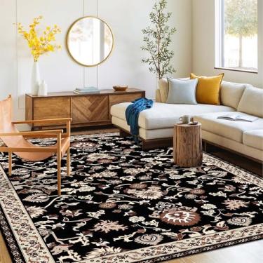 Imagem de Tapete lavável 10 x 15 | Tapete antiderrapante para sala de estar, quartos, sala de jantar | Área de carpete de flanela ultramacia com suporte de borracha (floral preto, 10 x 15 cm)